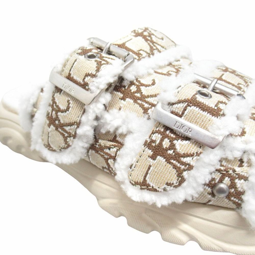 Dior Town Oblique Jacquard Shearling Sandals Shoes Trotter 40 Beige Brown