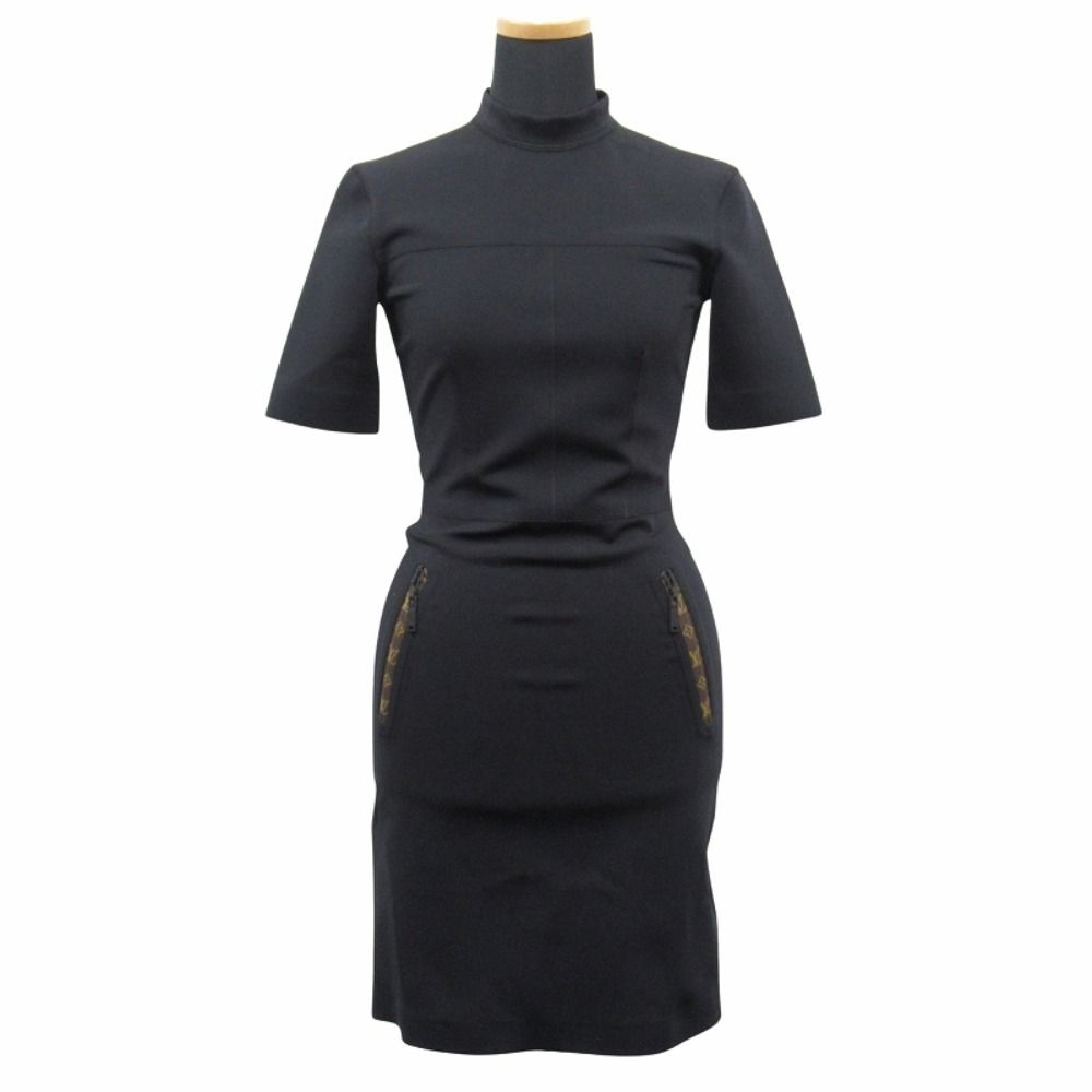 Louis Vuitton Monogram Zipper Dress High Neck Fit 34 Black