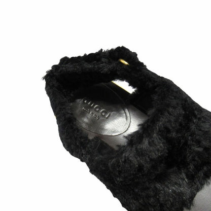 Gucci Faux Fur Sandals Boa Shoes Metal Heels Back Velcro 37.5 Black