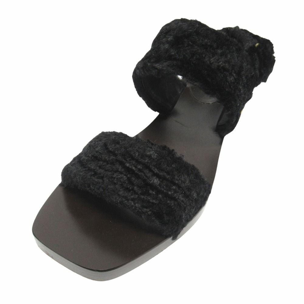 Gucci Faux Fur Sandals Boa Shoes Metal Heels Back Velcro 37.5 Black