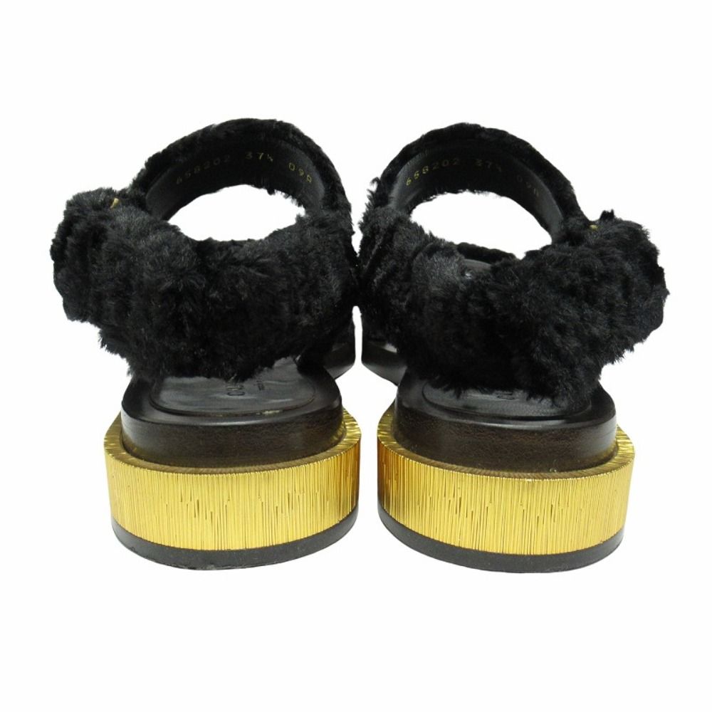 Gucci Faux Fur Sandals Boa Shoes Metal Heels Back Velcro 37.5 Black