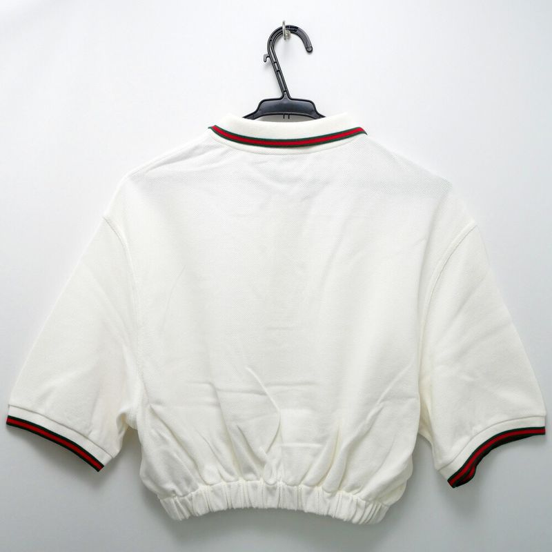 Gucci Web Stripe Cotton Pique Short Sleeve Polo Shirt Cropped White S Top