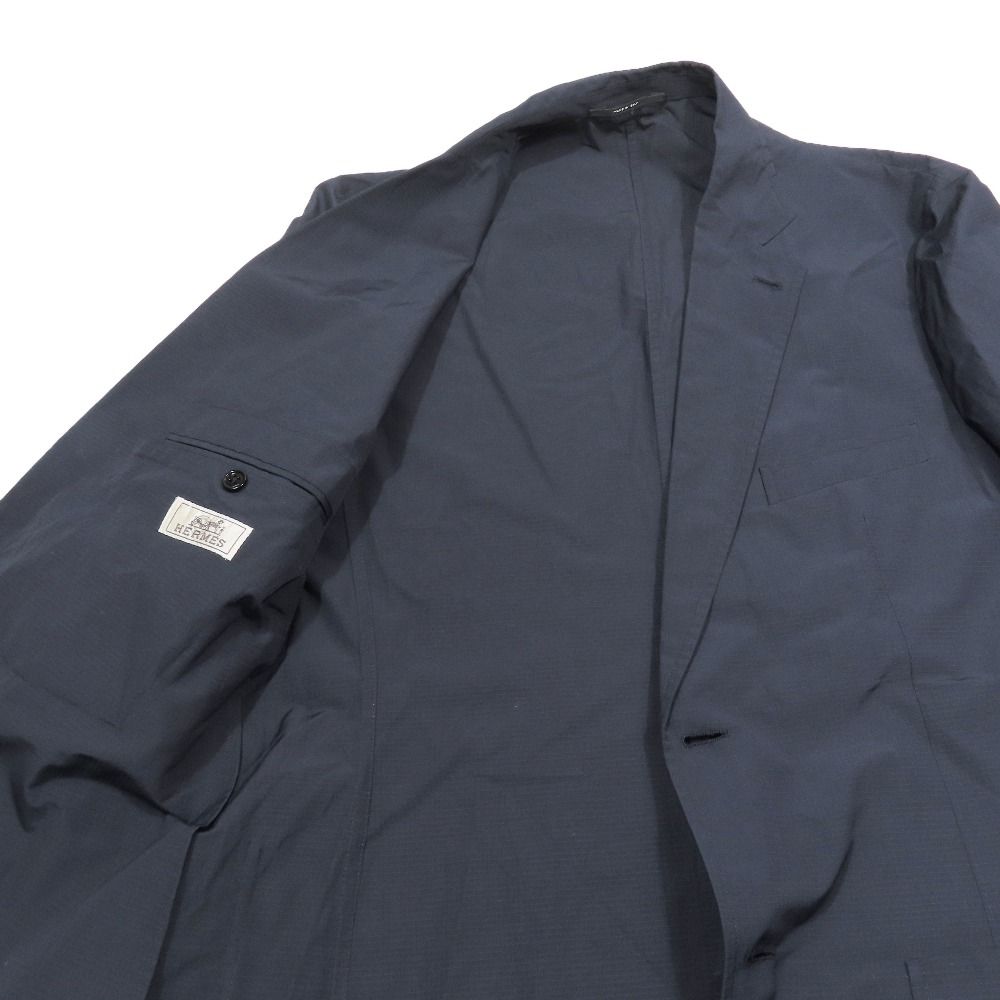 Hermes Cotton Poly Tailored Jacket Black Leather Center Vent Graph Check 52 Navy