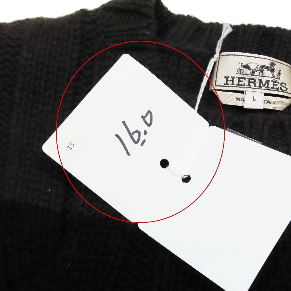 Hermes Sweater Cable Knit Wool Cashmere Long Sleeve Crew Neck Top L Dark Brown