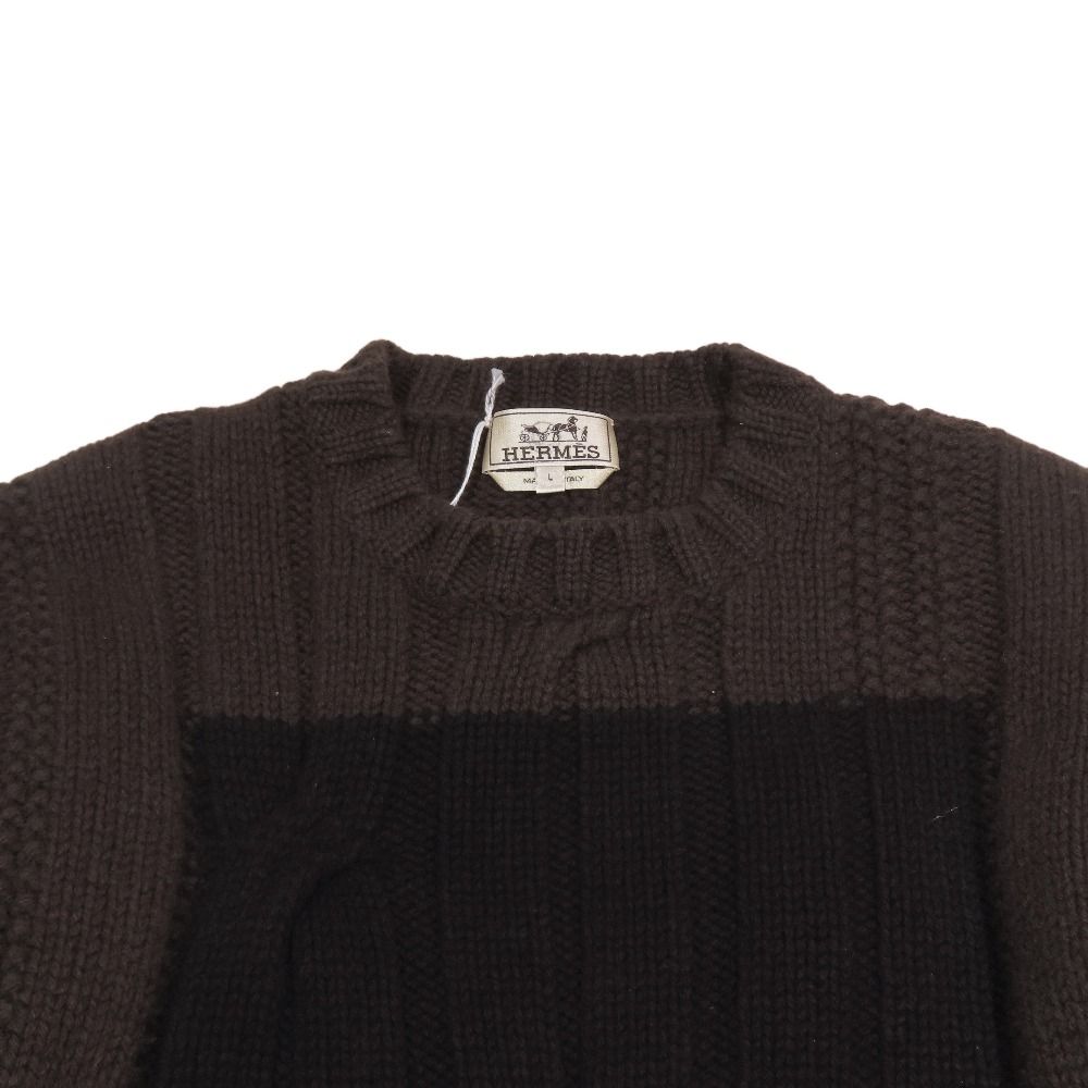 Hermes Sweater Cable Knit Wool Cashmere Long Sleeve Crew Neck Top L Dark Brown