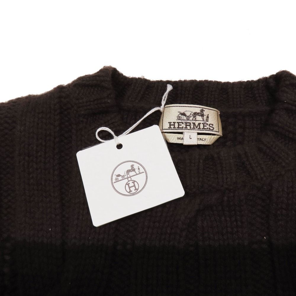 Hermes Sweater Cable Knit Wool Cashmere Long Sleeve Crew Neck Top L Dark Brown