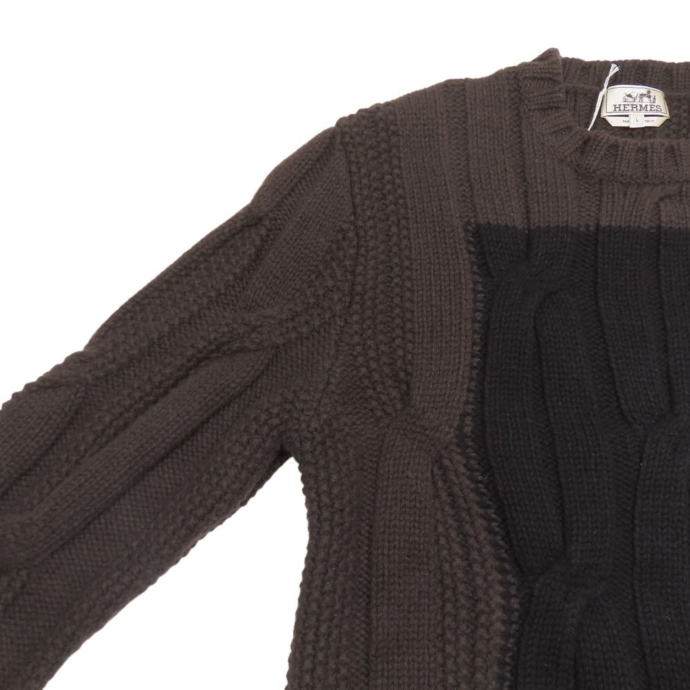 Hermes Sweater Cable Knit Wool Cashmere Long Sleeve Crew Neck Top L Dark Brown