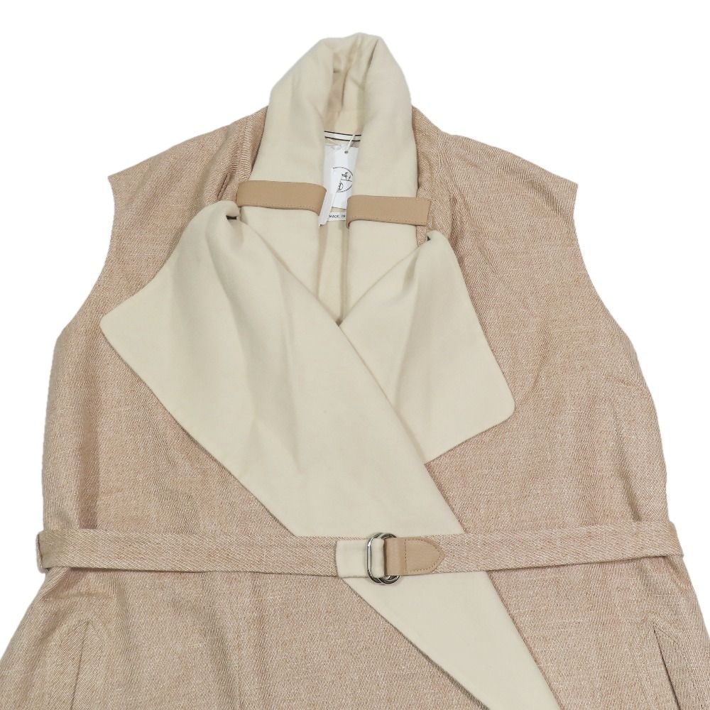 Hermes Cashmere Double Face Long Vest Sleeveless Wrap Coat Gilet Belt 34 Beige