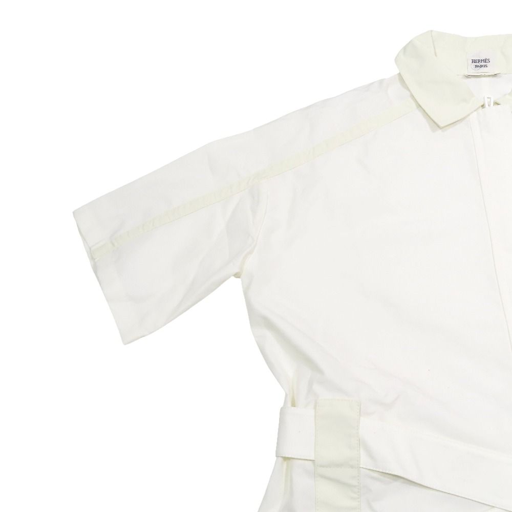 Hermes All in One Coverall Short Sleeve Shorts Half Zip Belt Cotton 34 White