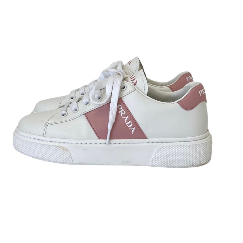 Prada Logo Leather Low Cut Sneakers 37 to 24.0 cm White Pink