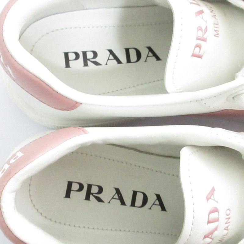 Prada Logo Leather Low Cut Sneakers 37 to 24.0 cm White Pink