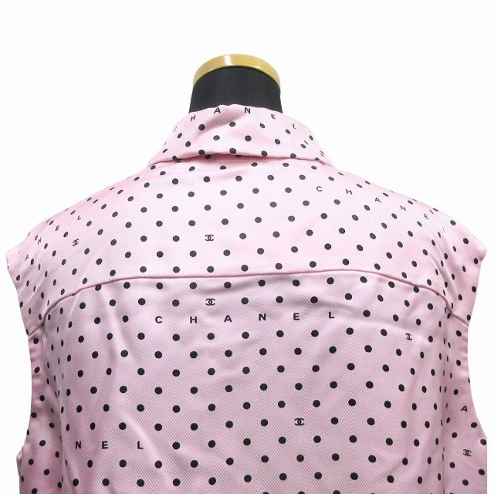 Chanel Silk Twill CC Logo Dot Sleeveless Shirt Blouse Top Button 38 Pink