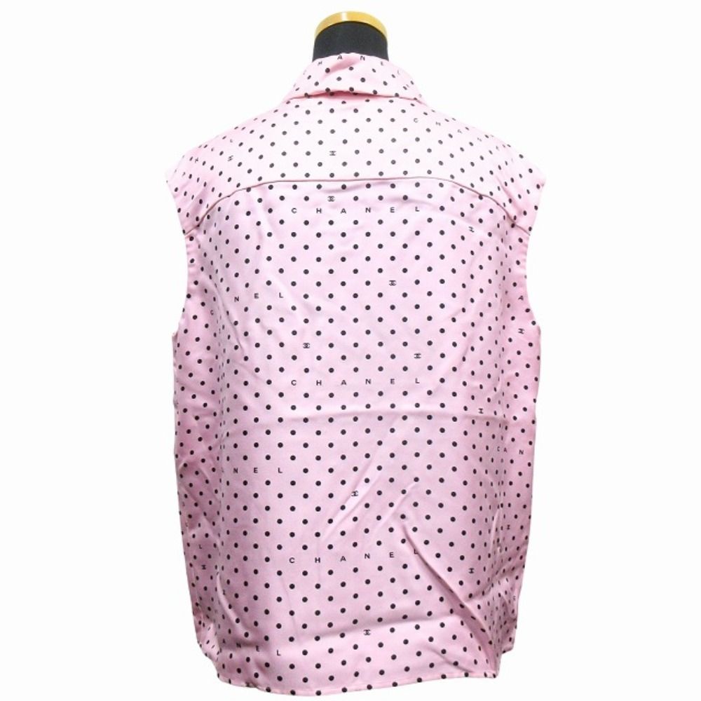 Chanel Silk Twill CC Logo Dot Sleeveless Shirt Blouse Top Button 38 Pink