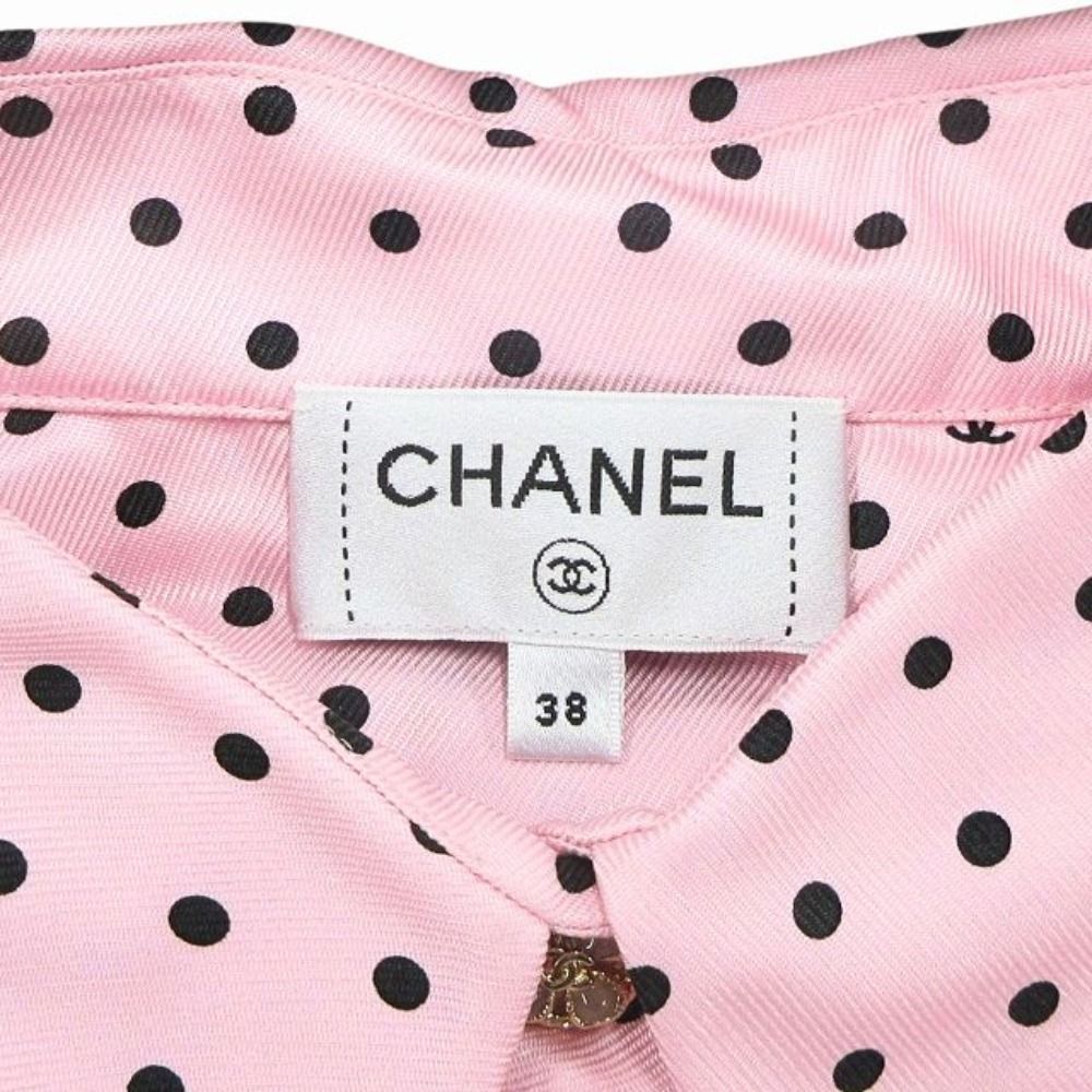 Chanel Silk Twill CC Logo Dot Sleeveless Shirt Blouse Top Button 38 Pink