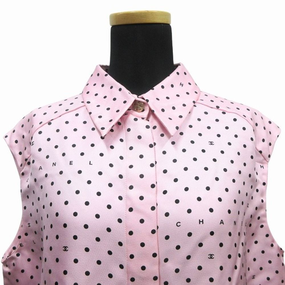 Chanel Silk Twill CC Logo Dot Sleeveless Shirt Blouse Top Button 38 Pink
