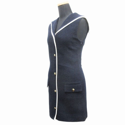 Miu Miu Tweed Mini Dress Sera Color Sleeveless Gold Button 36 Navy