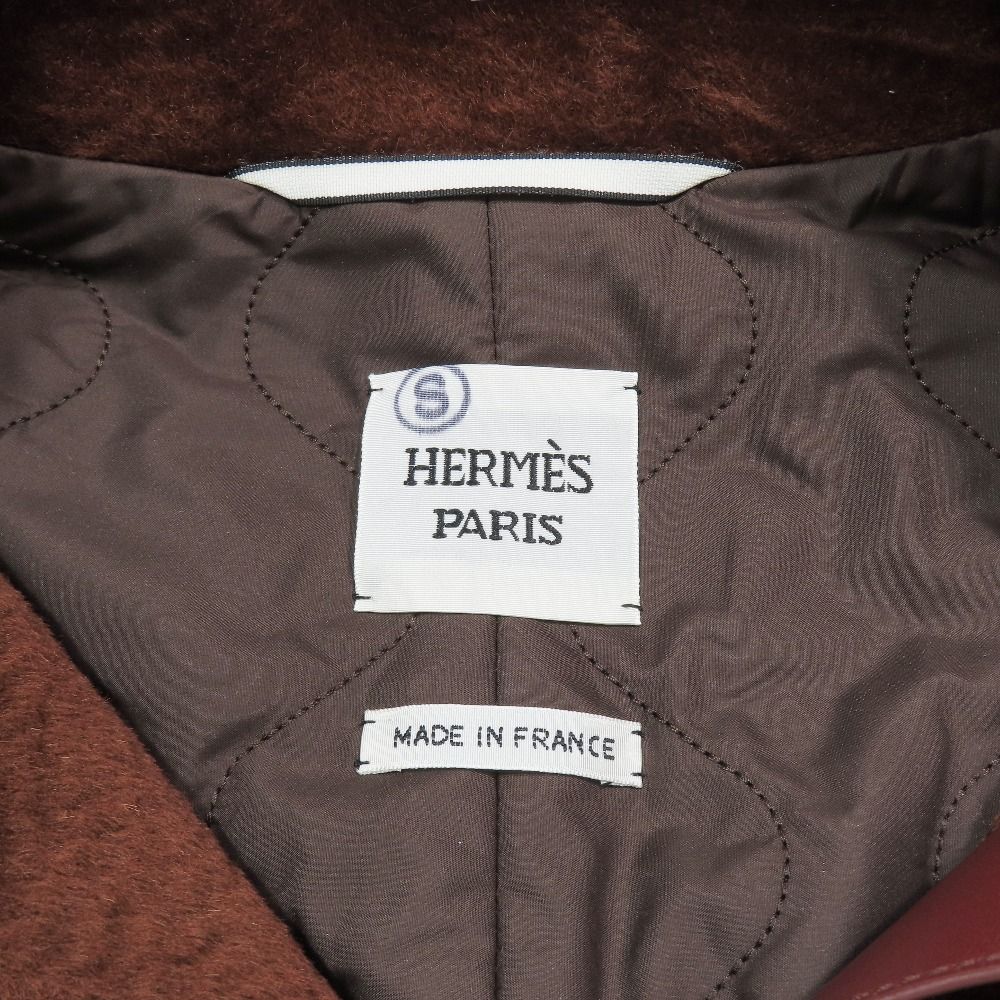 Hermes Big Color Shaggy Coat Jacket Middle Length Waist Ribbon Belt Alpaca Wool