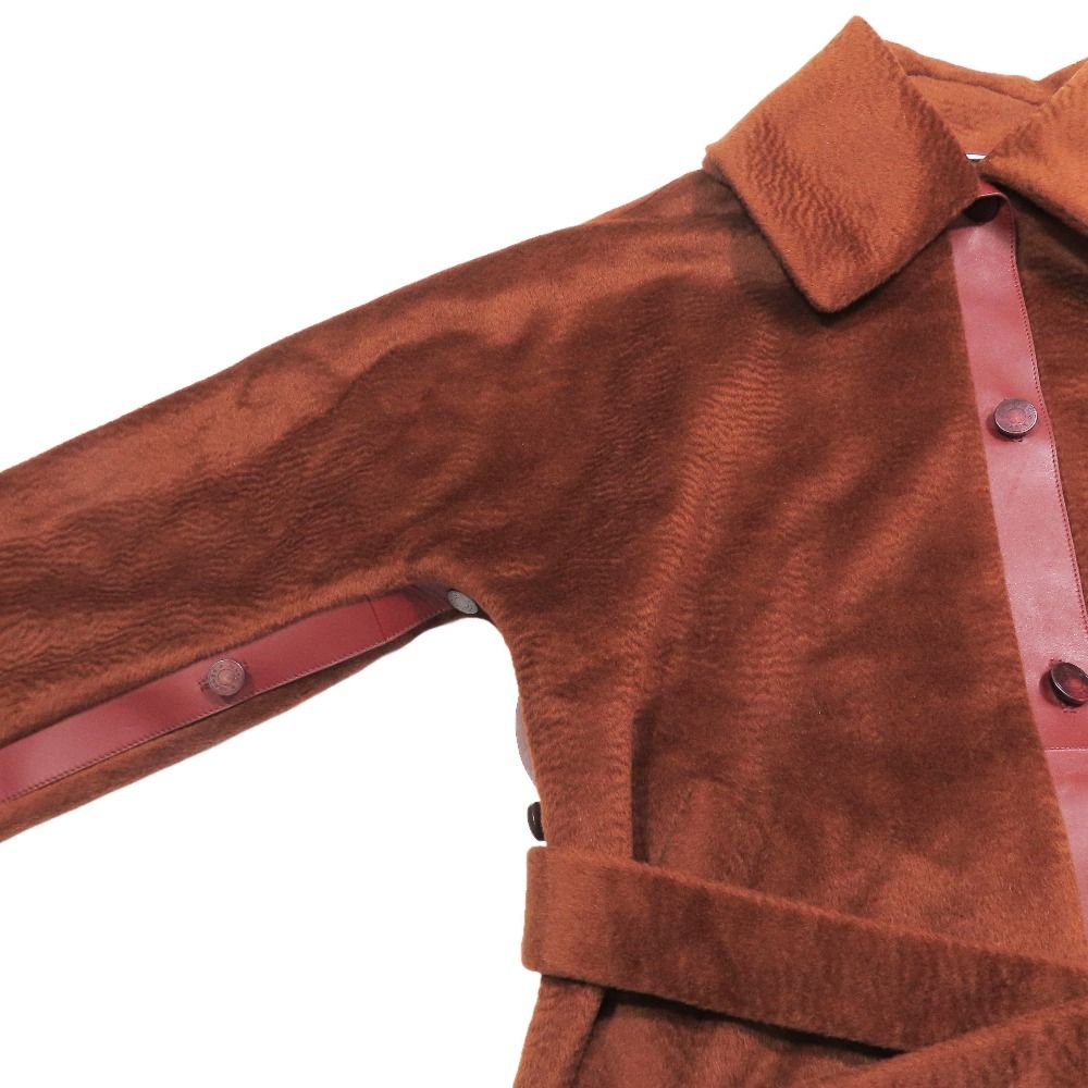 Hermes Big Color Shaggy Coat Jacket Middle Length Waist Ribbon Belt Alpaca Wool