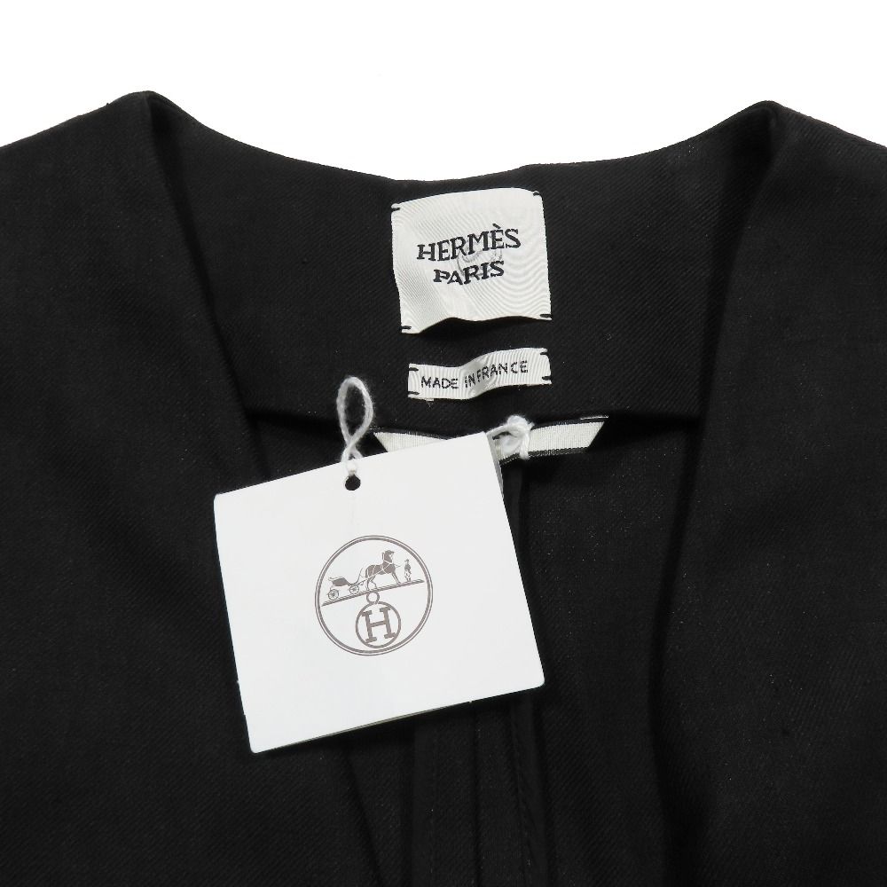 Hermes Linen Colorless Coat Jacket Long Series Button Leather Belt 38 Black