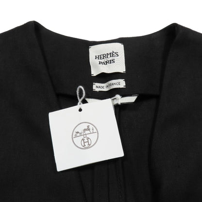 Hermes Linen Colorless Coat Jacket Long Series Button Leather Belt 38 Black