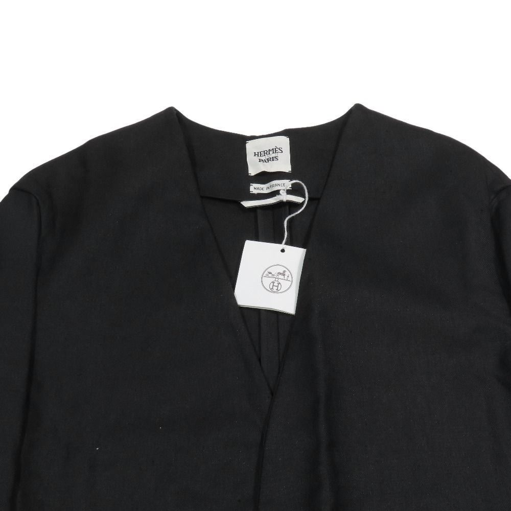 Hermes Linen Colorless Coat Jacket Long Series Button Leather Belt 38 Black