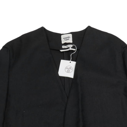 Hermes Linen Colorless Coat Jacket Long Series Button Leather Belt 38 Black