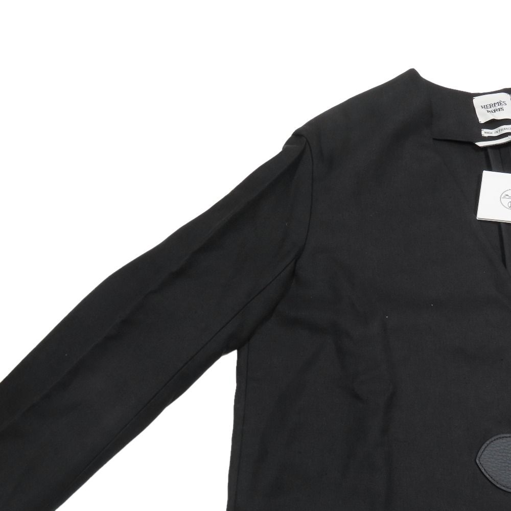 Hermes Linen Colorless Coat Jacket Long Series Button Leather Belt 38 Black