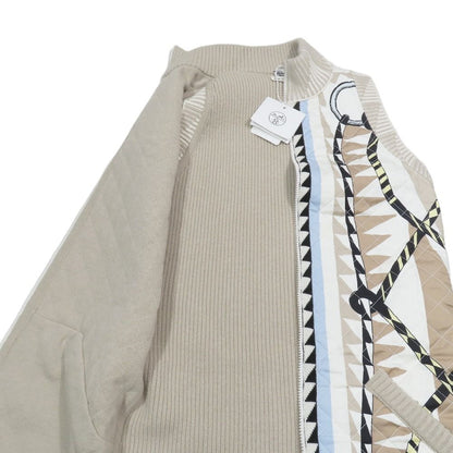 Hermes Twill Lane Knit Quilted Contrast Long Down Jacket Vest Zip Up 36 Beige
