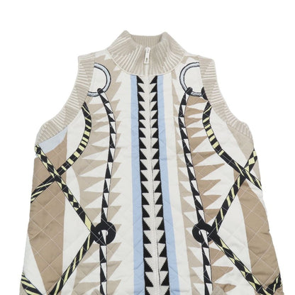 Hermes Twill Lane Knit Quilted Contrast Long Down Jacket Vest Zip Up 36 Beige
