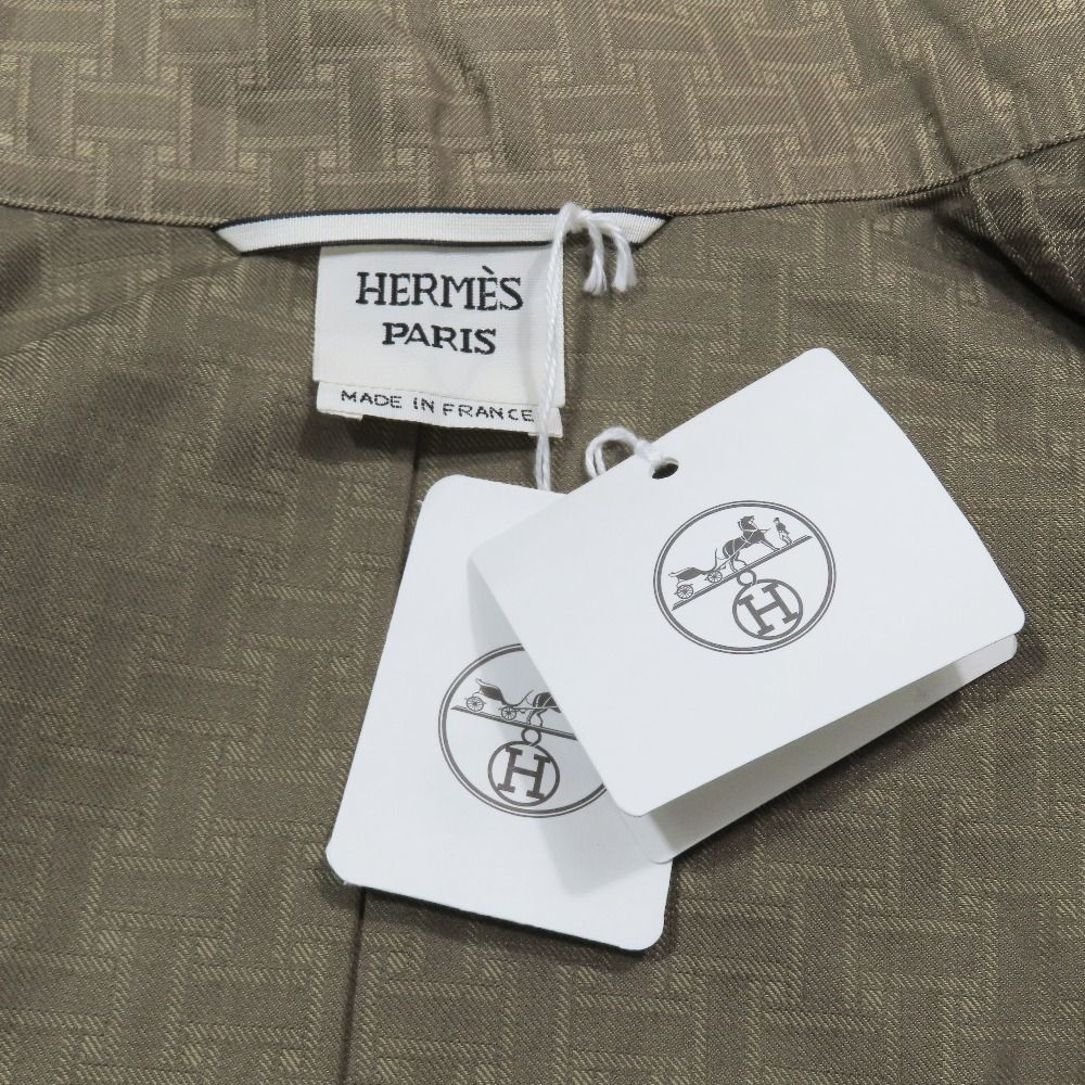 Hermes Mosaique Mosaic Motif Long Coat Stand Collar Unlined Belt 34 Beige