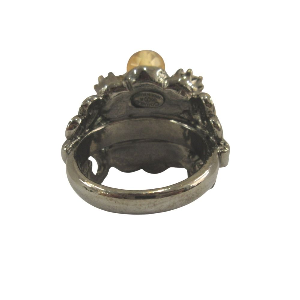 Chanel Flower Line Stone Ring CC Logo Visual Vintage Gunmetal
