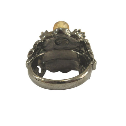 Chanel Flower Line Stone Ring CC Logo Visual Vintage Gunmetal