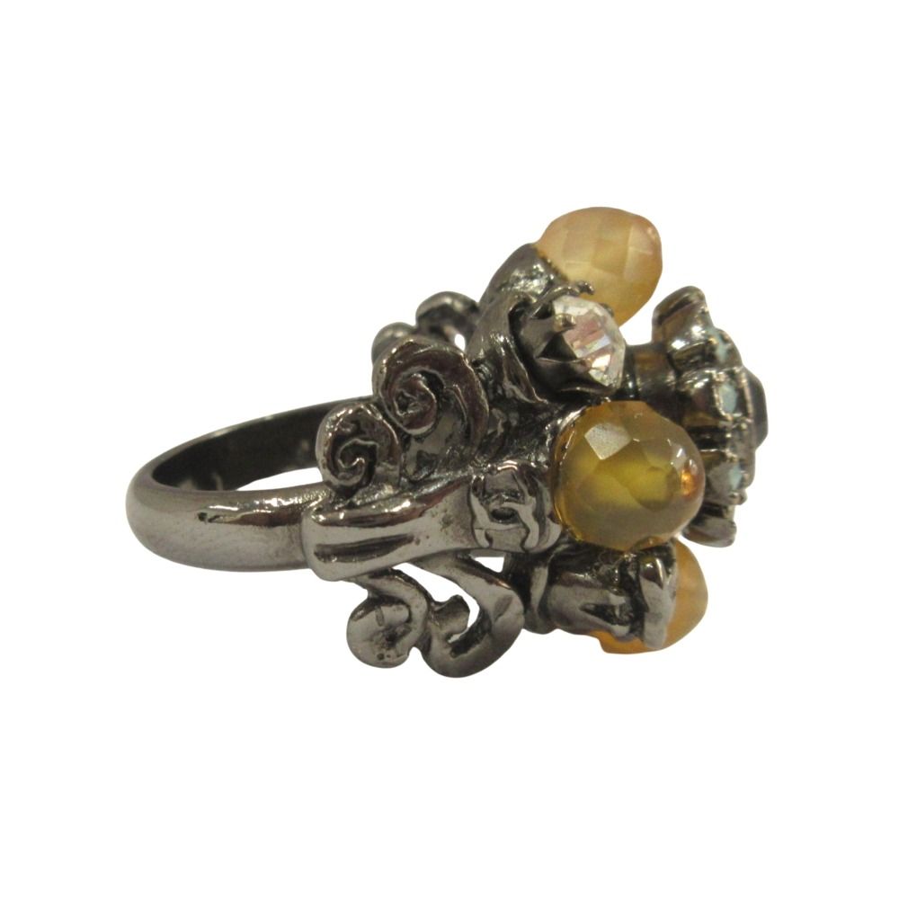 Chanel Flower Line Stone Ring CC Logo Visual Vintage Gunmetal
