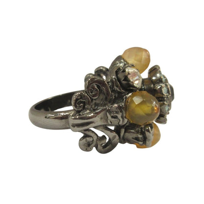 Chanel Flower Line Stone Ring CC Logo Visual Vintage Gunmetal