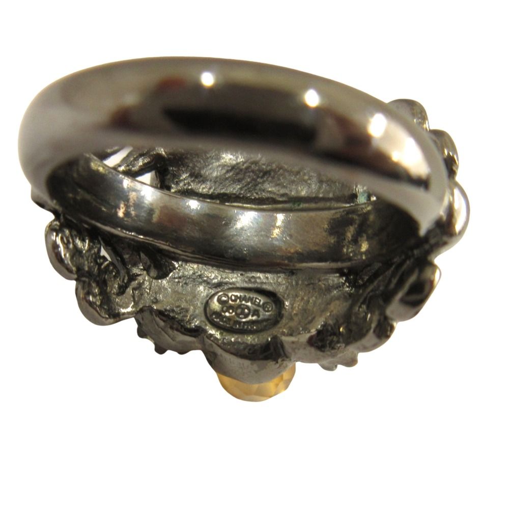 Chanel Flower Line Stone Ring CC Logo Visual Vintage Gunmetal
