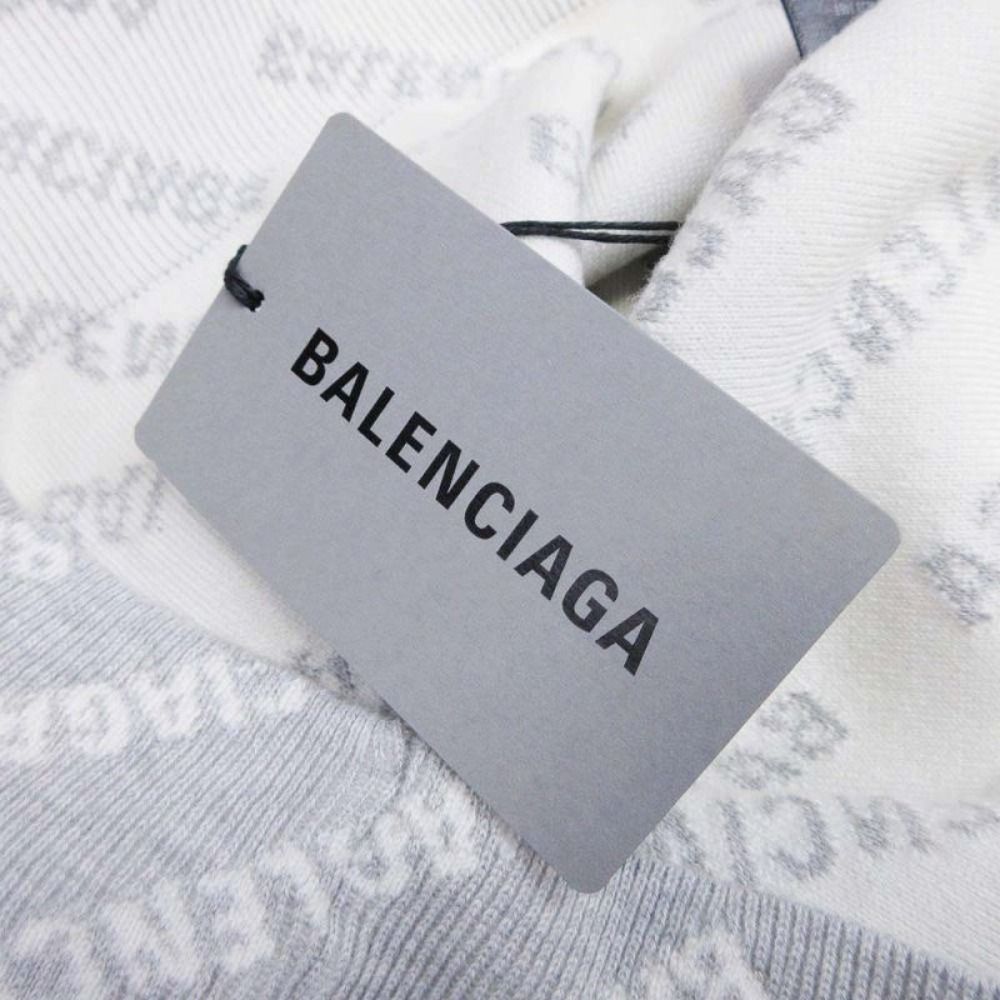 Balenciaga Multi Logo Allover Round Knit Sweater XS Gray