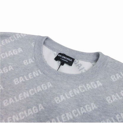Balenciaga Multi Logo Allover Round Knit Sweater XS Gray