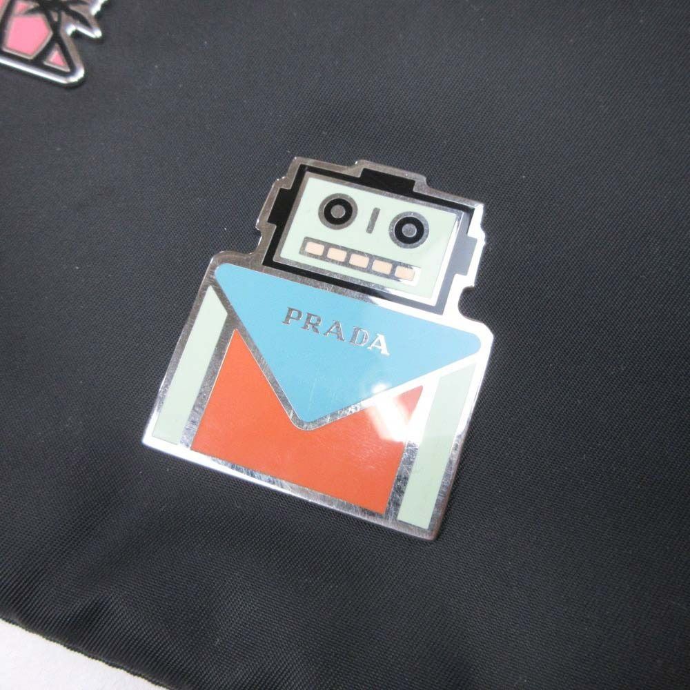 Prada Robot Metal Applique Pouch Clutch Nylon Triangle Plate Black