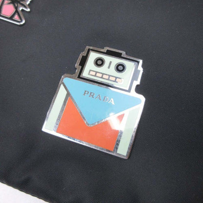 Prada Robot Metal Applique Pouch Clutch Nylon Triangle Plate Black