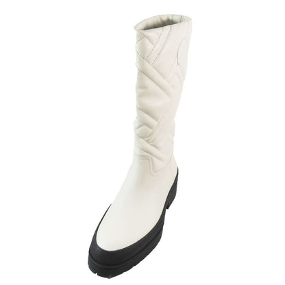 Hermes Leather Long Boots Exlibris Quilted Logo Shoes 35.5 Ivory