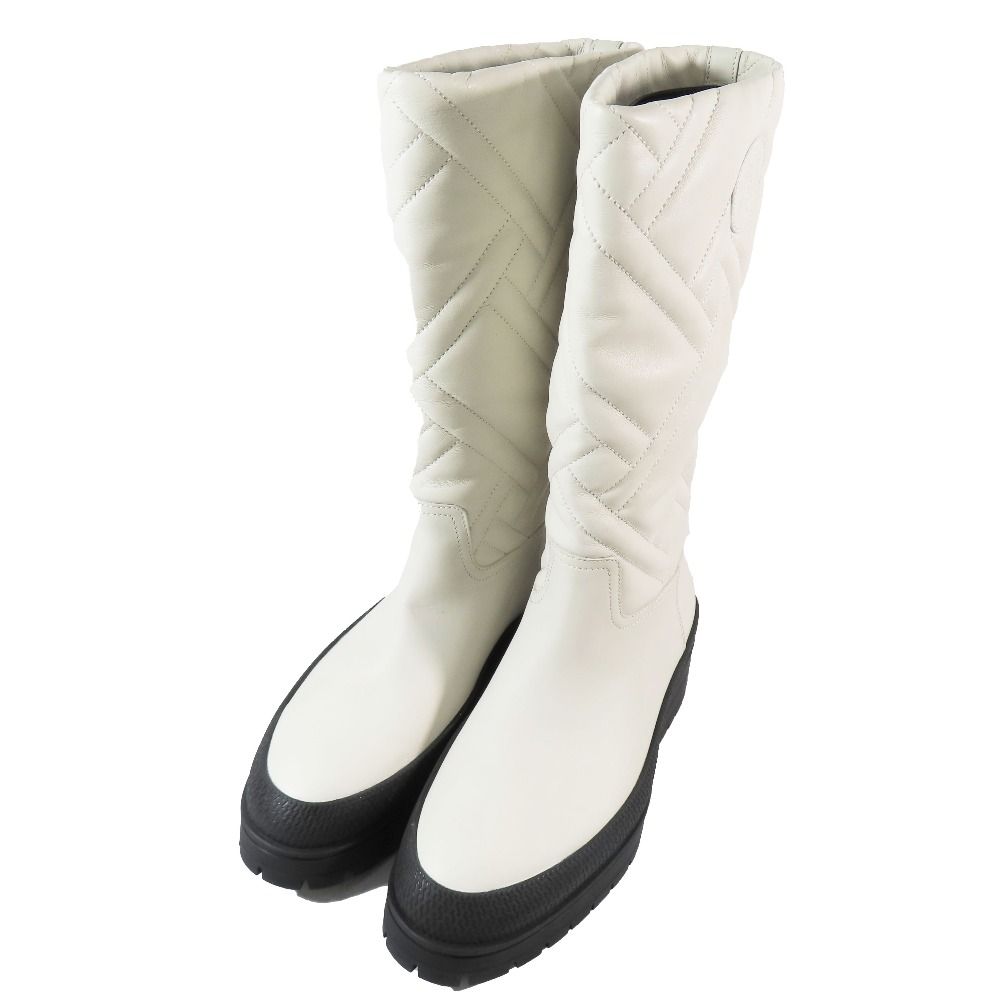 Hermes Leather Long Boots Exlibris Quilted Logo Shoes 35.5 Ivory