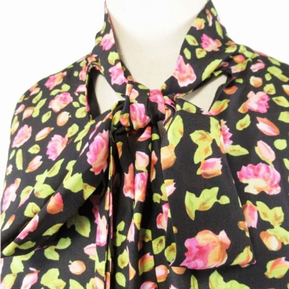 Balenciaga Floral Pattern Silk Chiffon Bowtie Shirt Dress Blouse 36 Black