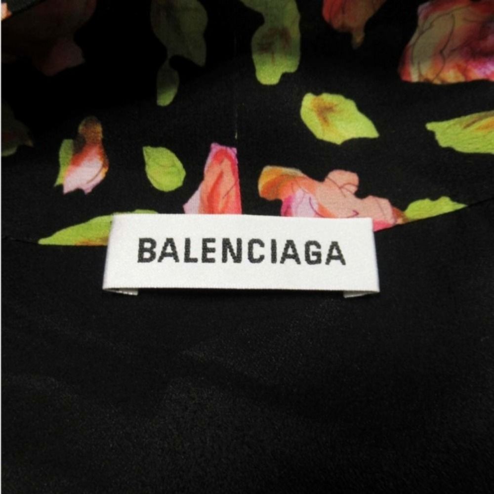 Balenciaga Floral Pattern Silk Chiffon Bowtie Shirt Dress Blouse 36 Black