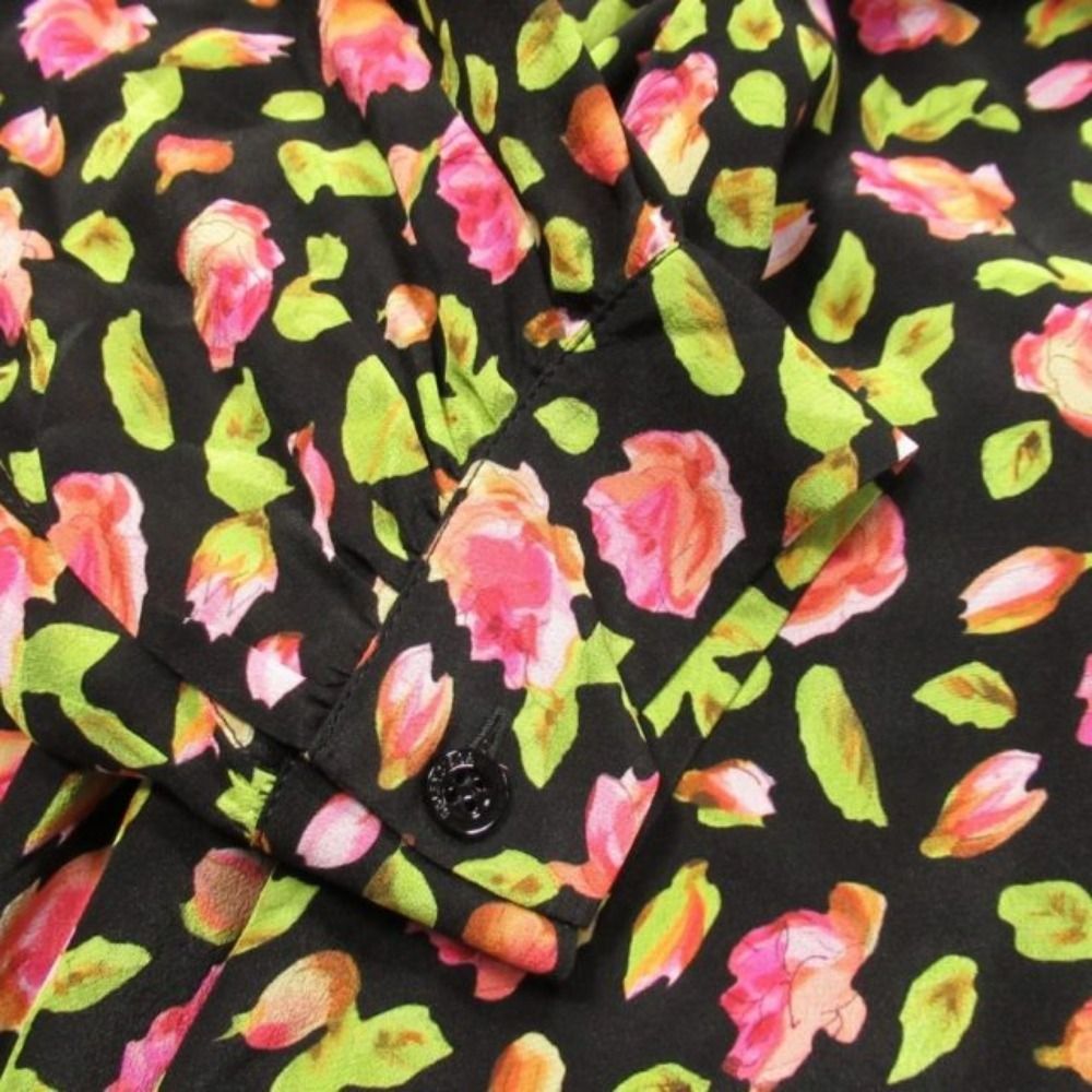 Balenciaga Floral Pattern Silk Chiffon Bowtie Shirt Dress Blouse 36 Black