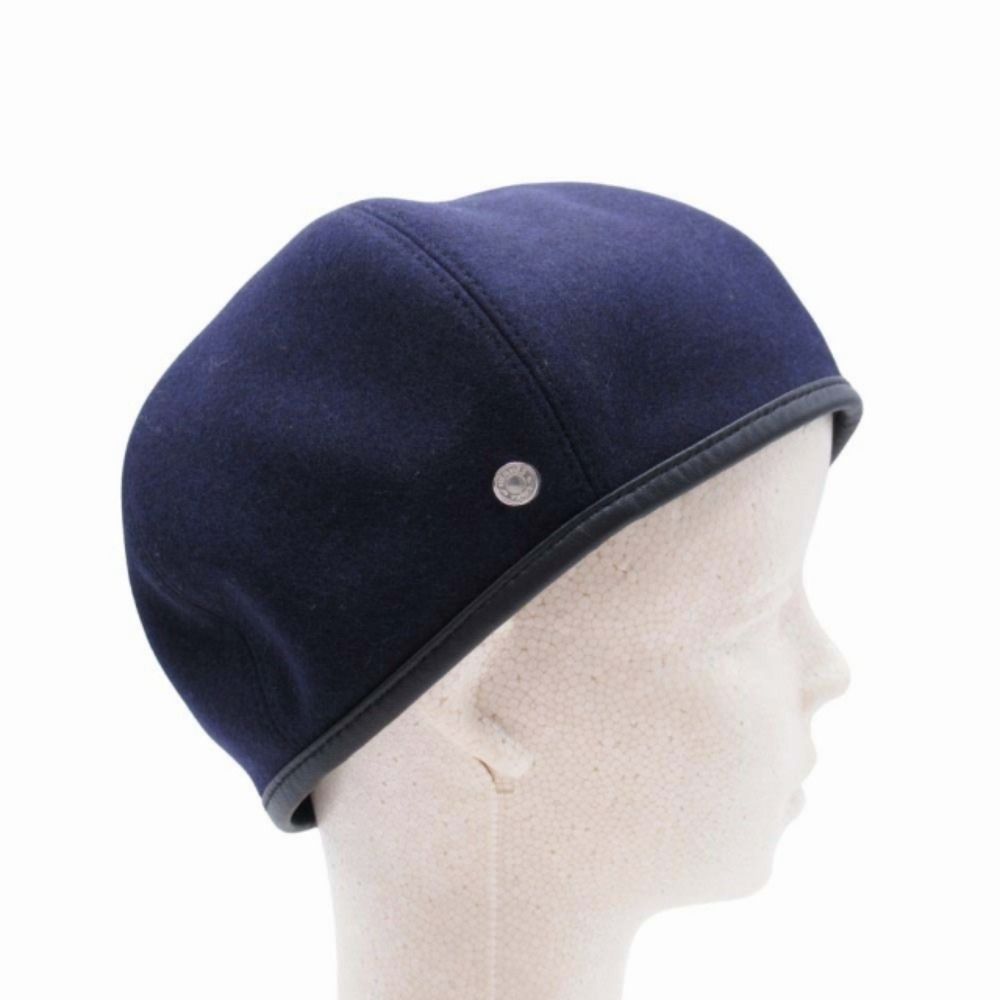 Hermes Gabrielle Beret Wool Jersey Leather Trim Series Button Hat 56 cm Navy