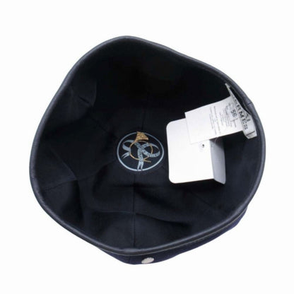 Hermes Gabrielle Beret Wool Jersey Leather Trim Series Button Hat 56 cm Navy