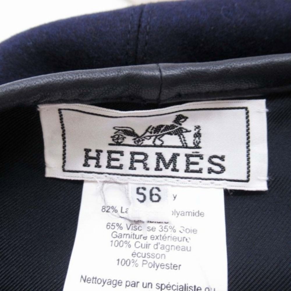 Hermes Gabrielle Beret Wool Jersey Leather Trim Series Button Hat 56 cm Navy