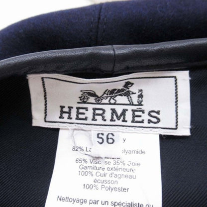 Hermes Gabrielle Beret Wool Jersey Leather Trim Series Button Hat 56 cm Navy
