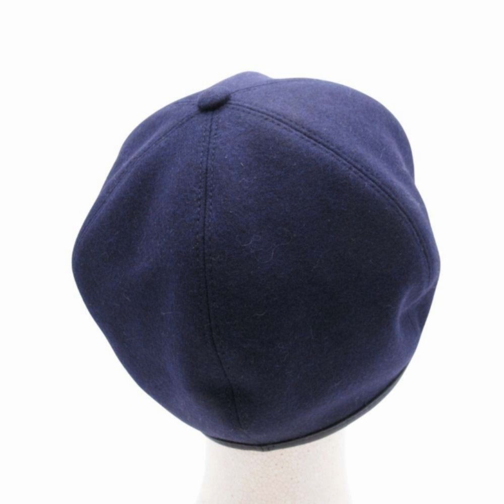 Hermes Gabrielle Beret Wool Jersey Leather Trim Series Button Hat 56 cm Navy