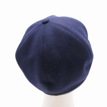 Hermes Gabrielle Beret Wool Jersey Leather Trim Series Button Hat 56 cm Navy